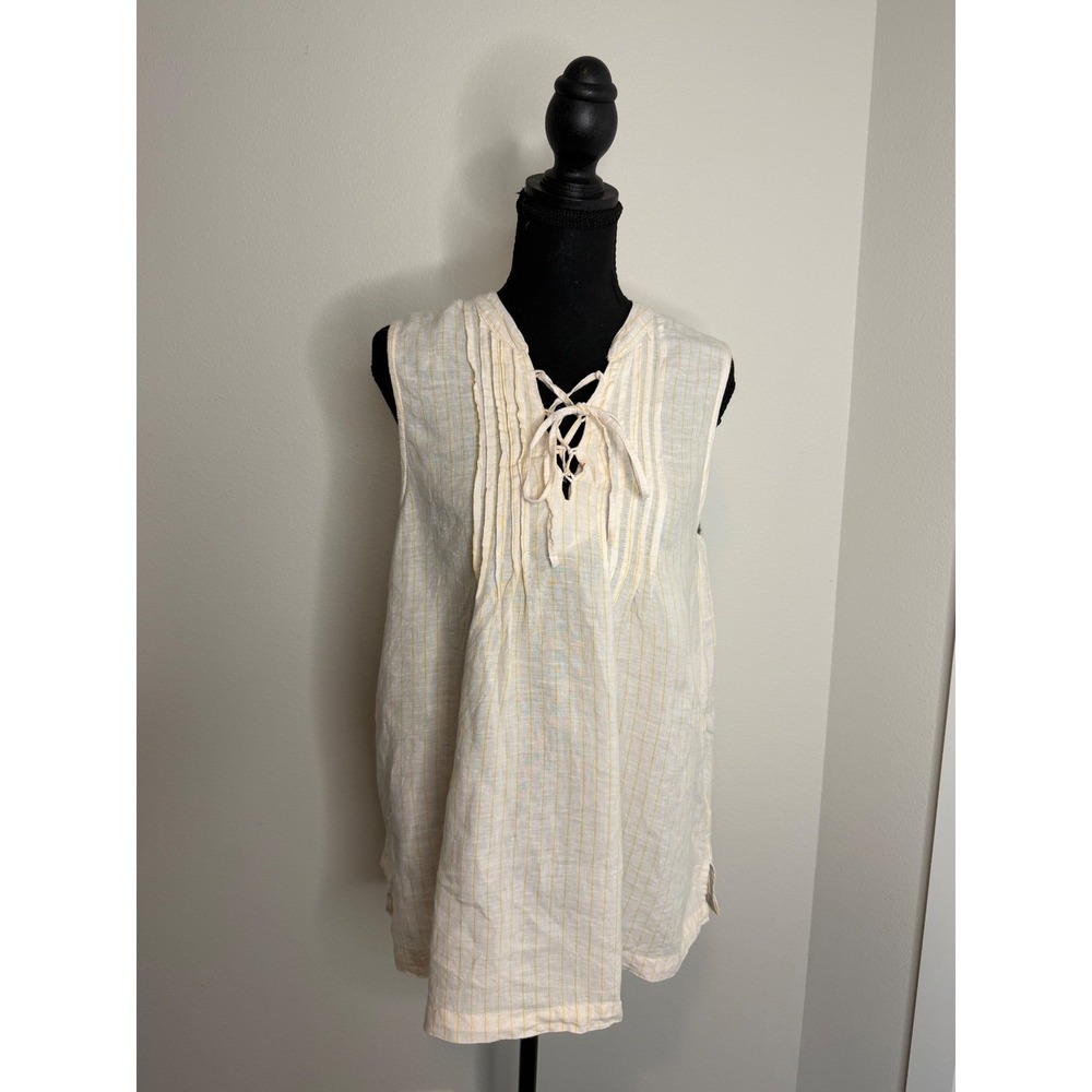 Cynthia Rowley 100% Linen Striped Lace Up Pintuck Sleeveless Tunic Top‎ Small